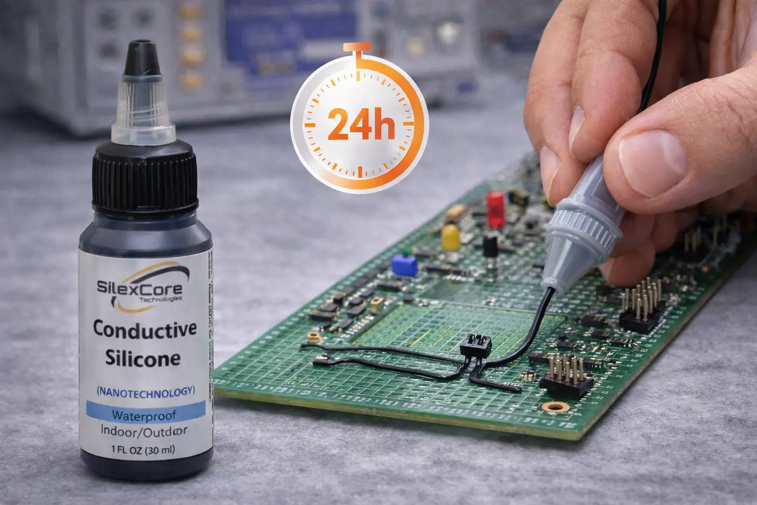 SilexCore Conductive Silicone used for PCB circuit prototyping without acid etching showing flexible conductive traces on a circuit board