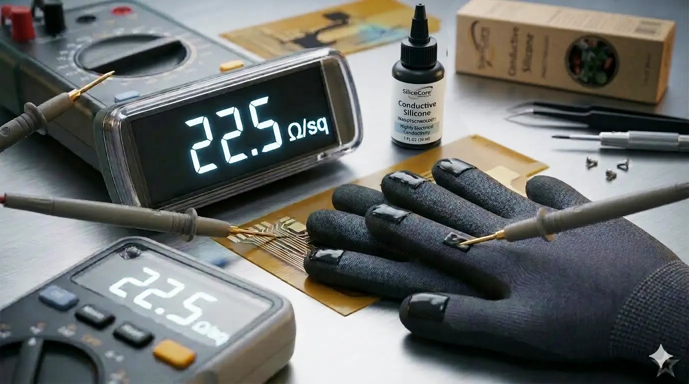 SilexCore conductive silicone forming an electrical path on a PCB with measured sheet resistance around 22 ohms per square