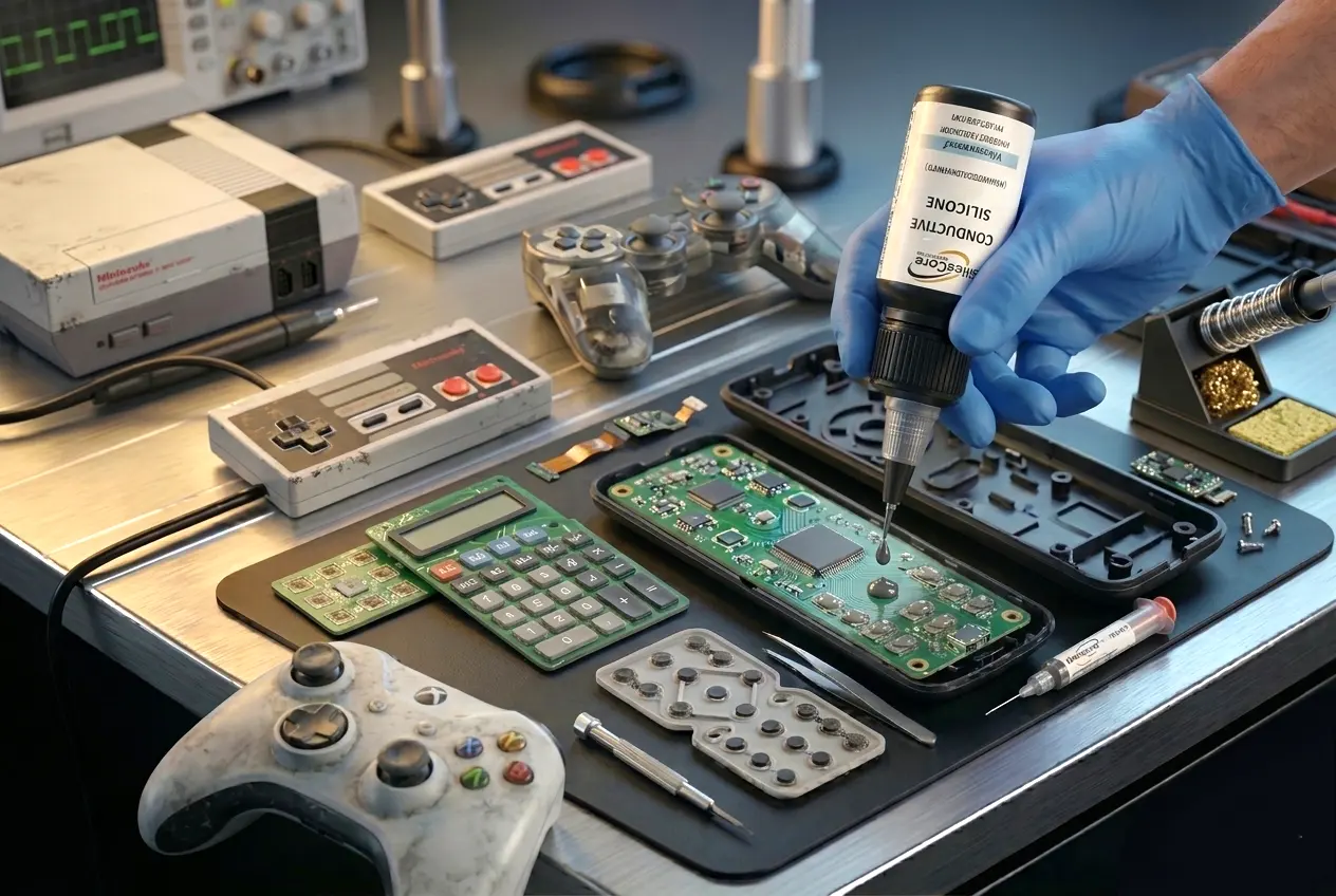 Conductive silicone used for repairing remote controls, rubber keypads and EMI shielding applications