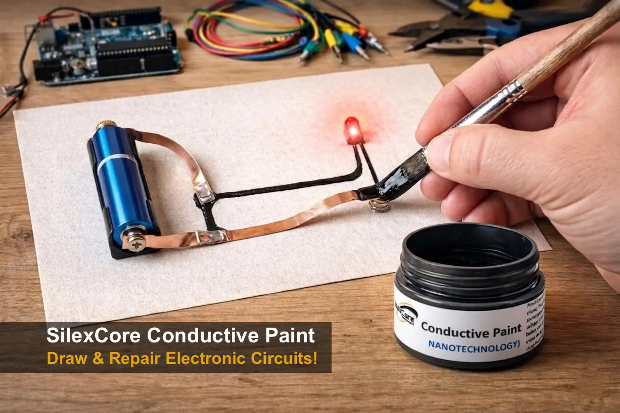 Hand drawing a functional electronic circuit on paper using SilexCore conductive paint to connect a battery and light an LED