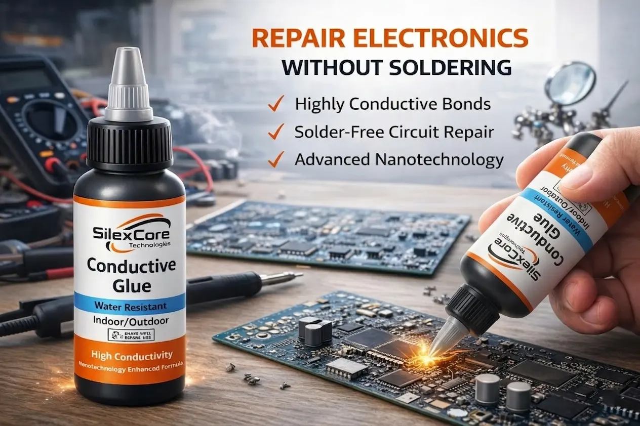 SilexCore conductive glue being applied to a circuit board for high-performance solder-free bonding and electronics repair.