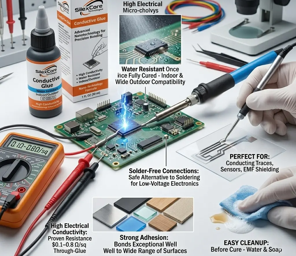 Infographic of SilexCore Conductive Glue applied to a circuit board, highlighting features: 0.1–0.8 Ω/sq high conductivity, safe solder-free alternative, water resistance, multi-surface adhesion, and easy cleanup.