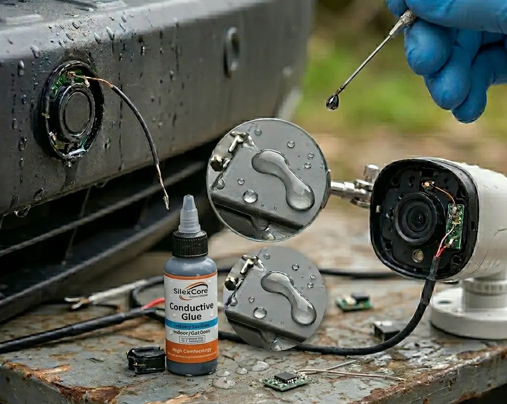 Repairing water-resistant parking sensors and outdoor security cameras using SilexCore Conductive Glue - a solder-free electronic adhesive.