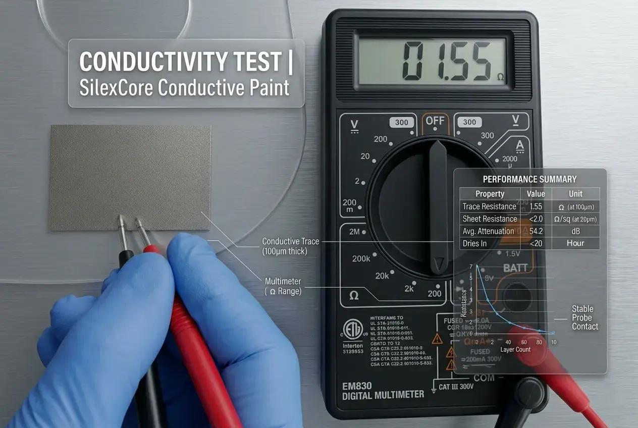 Multimeter testing SilexCore conductive paint resistance for electrical circuit repair