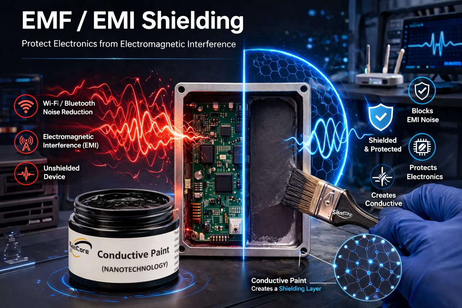 SilexCore conductive paint used for EMF and EMI shielding to protect electronic devices from interference