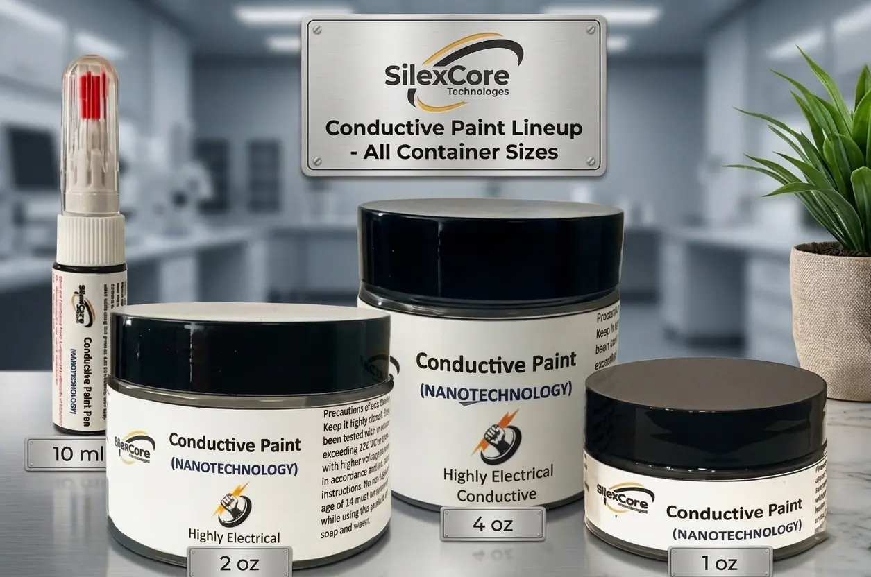 SilexCore nanotechnology conductive paint lineup showing 1 oz, 2 oz, 4 oz jars and a 10 ml precision application pen