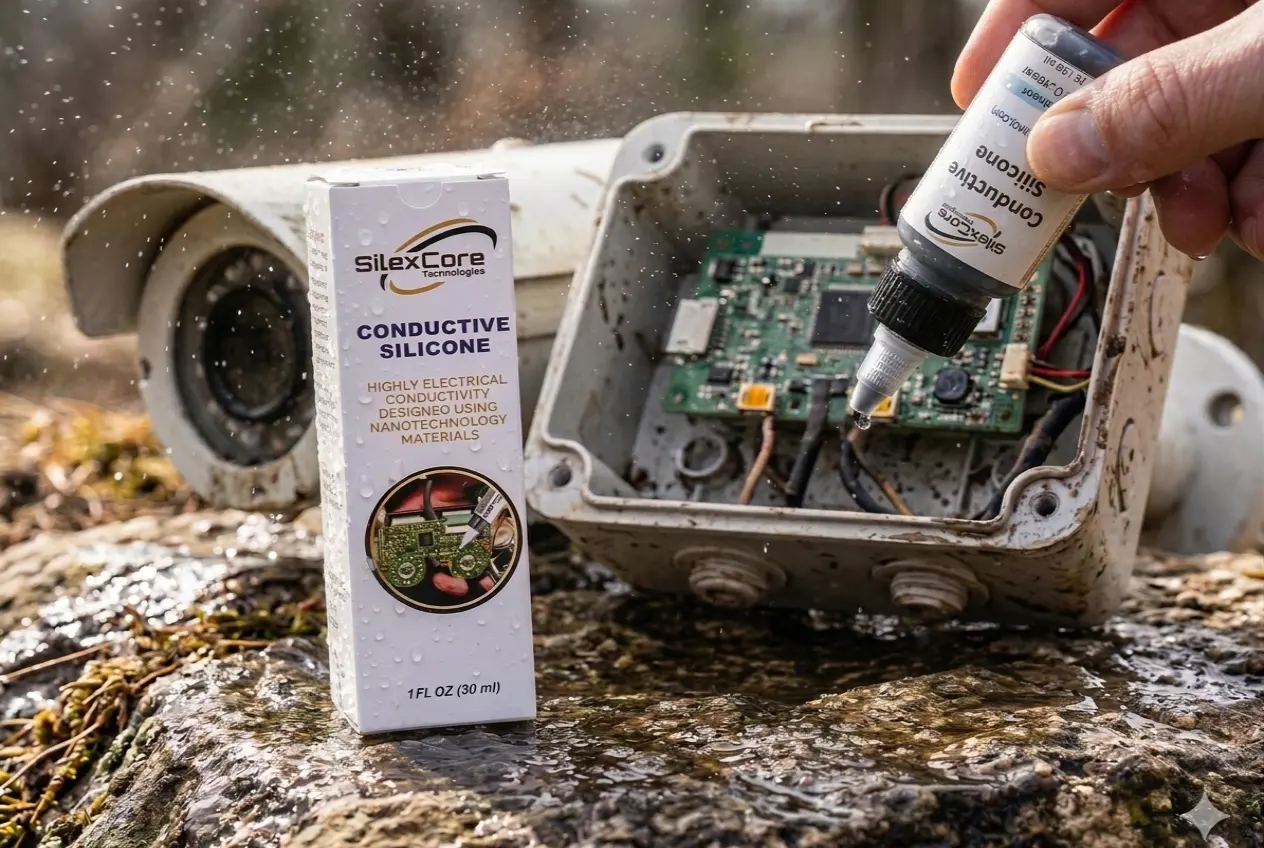 Silexcore conductive silicone for electronics repair and water-resistant circuit protection on multiple materials