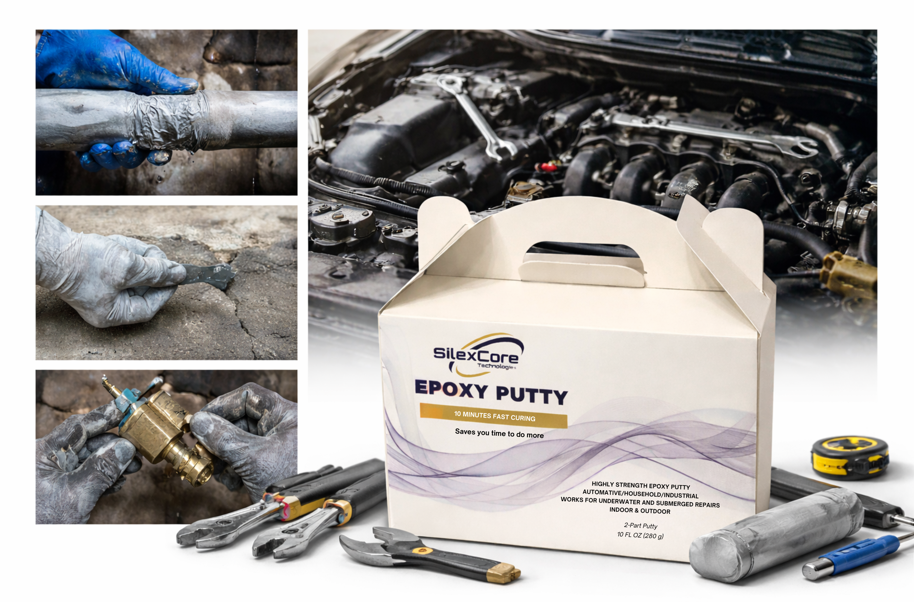 SilexCore All-in-One Epoxy Putty Repair Applications SilexCore Epoxy Putty composite image showing 10-minute fast curing putty box with applications for automotive engine repair, leaking metal pipe sealing, and concrete crack filling